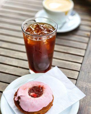 cappuccino,  ice drip, and vegan donut