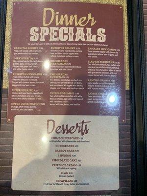 Dinner specials; desserts