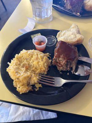 Hash browns and meatloaf