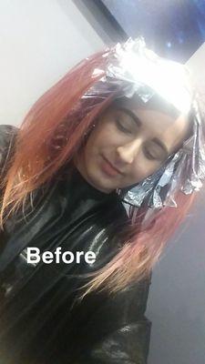 Before picture during the process! Melissa added bleach foils to my hair, olaplex treatment after bleach, added pink & purple,and fresh cut!