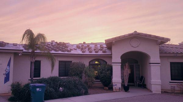 Red sunset at end of day.  All debris removed and cleaned up every day.