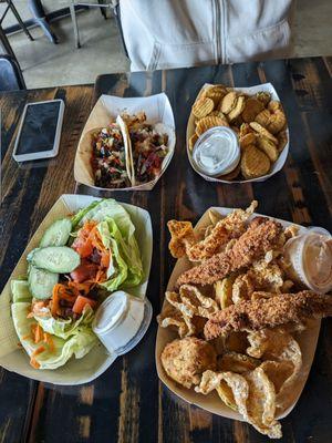 Wedge salad, the sampler, pulled pork tacos, and "spicy" pickle chips