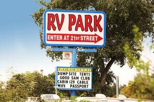 One of the signs at the entrance to Goldfield RV Park/Campground