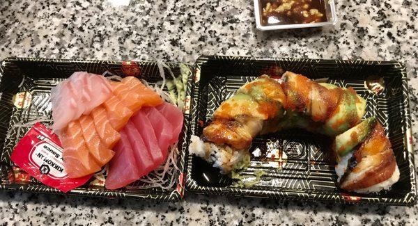 Dragon Roll (8 Piece) and sashimi. Very good!