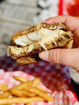 LOVE! House speciality "grouper Ruben" comes on marbled rye w/Swiss cheese, Kraut & Russian Dressing BOMB! :)...