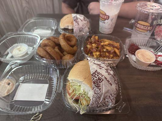 Philly Burger, Classic Cheese Burger, Onion Rings, Cheese Fries, Oreo Milkshake