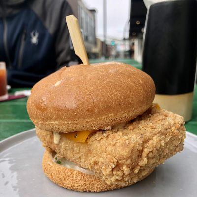 Onions Fried Tofu sandwich! On gluten free bun. Yum!