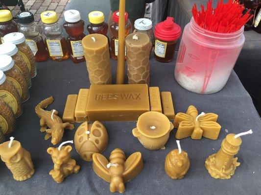 We sell beeswax by the pound, by the ounce, and in whimsical shapes as candles.