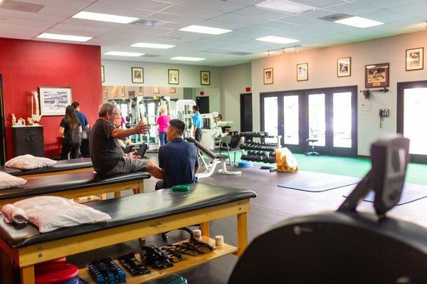 Treatment area with turf and gym equipment