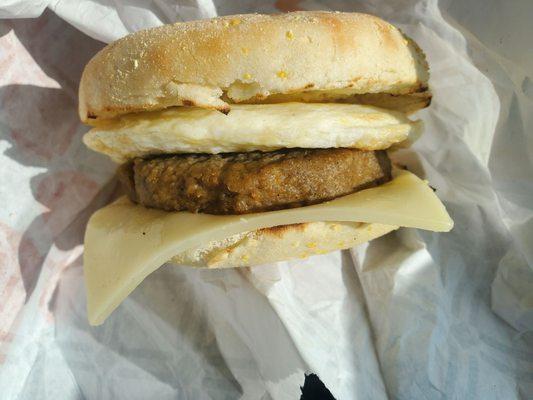 Breakfast sandwich with beyond sausage! Not as fatty and greasy as the regular sausage. Love this.