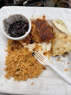 Taco, chicken enchiladas, black beans and rice  I had to stop mid bite to write this.  happy cinco de mayo!