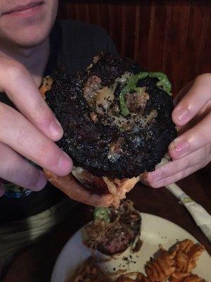 The "El Fuego" burger from the burger challenge. Burnt to a crisp inside in out. Tasted terrible.