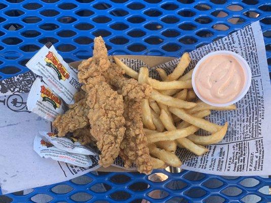 4-piece Chicken Tenders and French Fries (~$15).