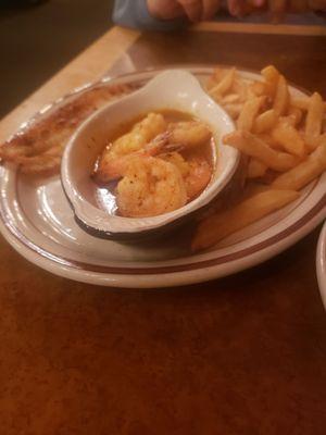 Broiled shrimp  haddock French fries and huge salad