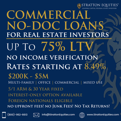 Commercial No-Doc Loans Rates starting at 8.49%. Up to 75% LTV APPLY NOW!