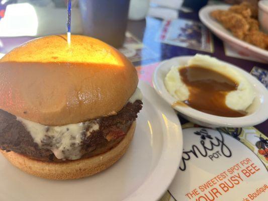 Bacon Stuffed Burger with Mashed Potatoes and Brown Gravy