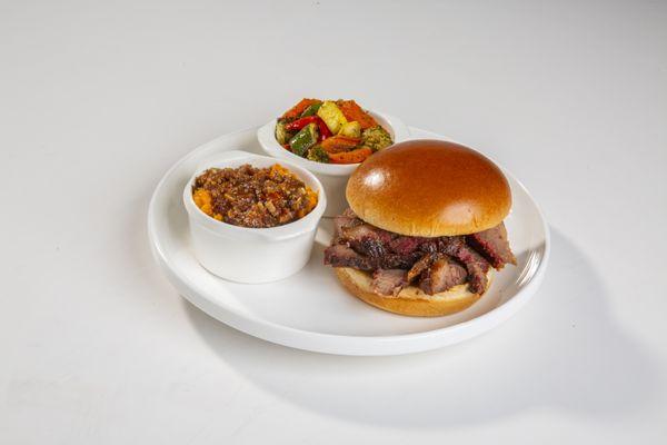 Sliced Brisket Sandwich with Sweet Potato Casserole and Vegetable Medley