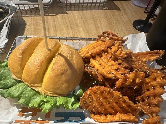 CHICKEN SMASH BURGER and SWEET POTATO WAFFLE FRIES