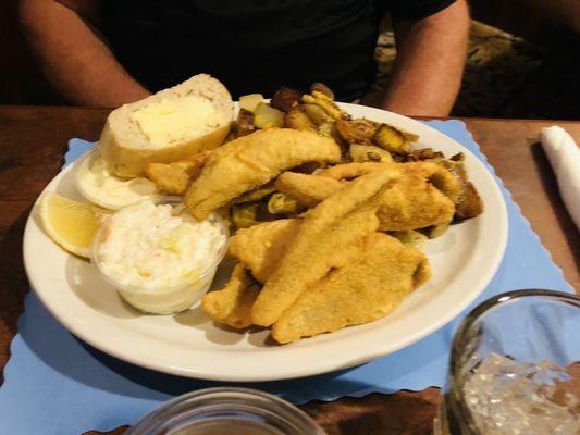 Fried perch with American fries, bread & Cole slaw.