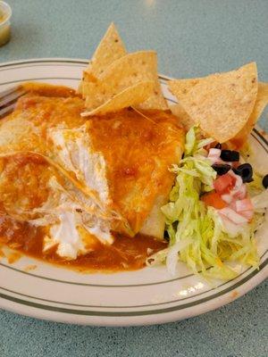 Chili Rellleno Burrito topped with red chili and cheese