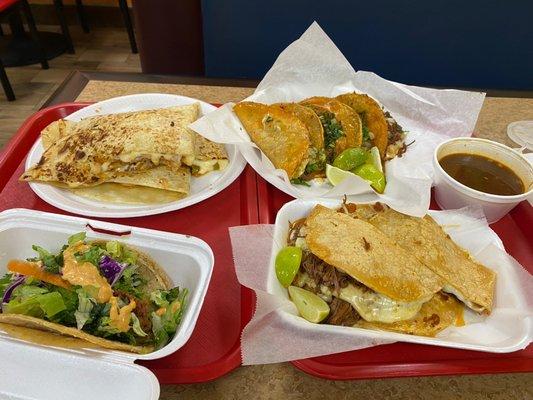 Top left: Shrimp quesadilla Bottom left: Fish taco  Top right: Birria tacos  Bottom right: quesobirra