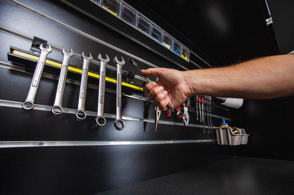 Our slat wall offers a lot of solutions for storing tools and parts.