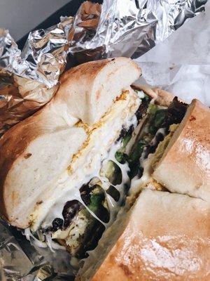 Turkey bacon egg and cheese with avocado and plain bagel