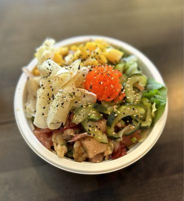 Large bowl w soba noodles n salad as a base  Proteins: yellowtail, ahi tuna, octopus, clams, albacore