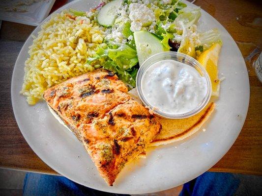 Grilled Salmon with rice and salad.