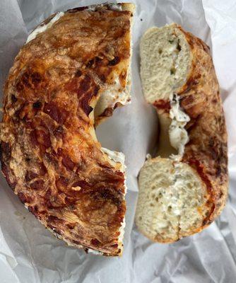 Pizza Bagel W/ garlic n herb cream cheese