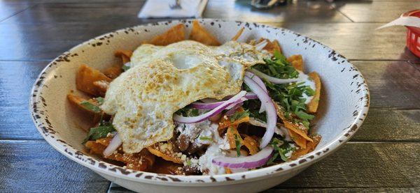 Over medium eggs, Chilaquiles With salsa de Arbor