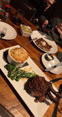 Pork chops, broccolini, & blackened Mac & cheese