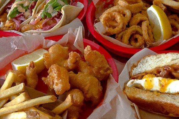 Something for evewryone; Fish n Chips, Calamari plate, Egg sandwich & fish taco's