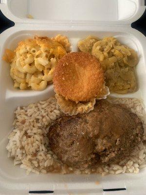 Hamburger steak gravy and rice, Mac n cheese, squash, cornbread