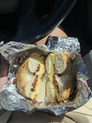 Breakfast Sandwich on an everything bagel with bacon egg and cheese