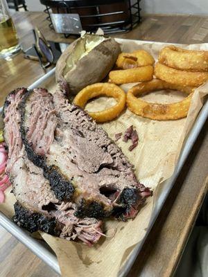 Brisket and onion rings.