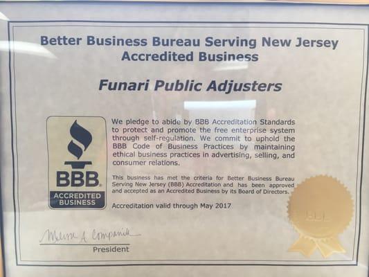 Funari Public Adjusters has held an A+ business rating with the Better Business Bureau for 30 years!!