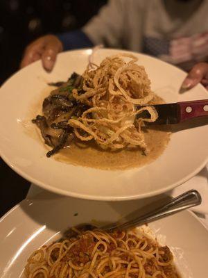 Beef Medallions with Portobello Mushrooms & Onion Straws.