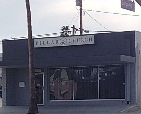 The front of Pillar Church building on Adobe Rd and Gorgonio.