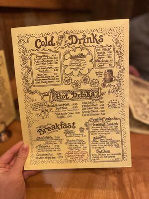 Drinks and breakfast menu