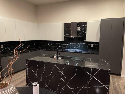 New Kitchen with full backsplash and waterfall island in Menifee