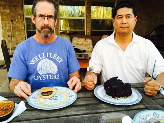 He's enjoying a slider purchased at the grocery store while I have a 3 inch waygu ribeye from the Local Yokel