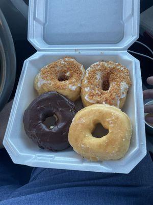 Glazed, raised chocolate and two toasted coconut