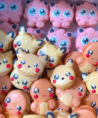 Custom macarons of Pokémon characters: Jiggly Puff, Pikachu, & Charmander. Custom requests on our website; pick up in Castro Valley, CA.