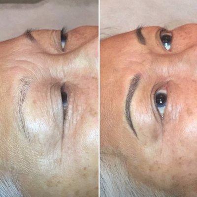 Before and after first session. Combination brows (microblading and shading).