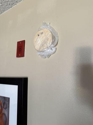 Bag on the smoke detector in a non-smoking room.