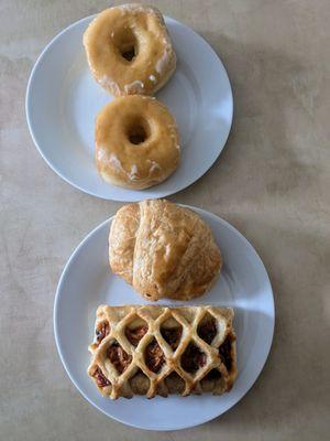 Glazed donuts - my favorite! Small kolache and a stuffed pastry with sun-dried tomatoes and cheese.