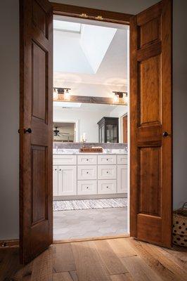 HC Remodel & Design Farmhouse Chic White and Gray Bathroom Remodel Barnwood Mirror