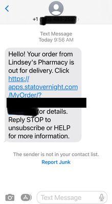 Text message letting me know that the order was out for delivery