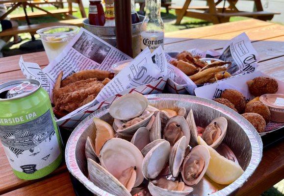 Steamed clams. Crab bites. Cod basket. Scallop basket. Green port brewing beer